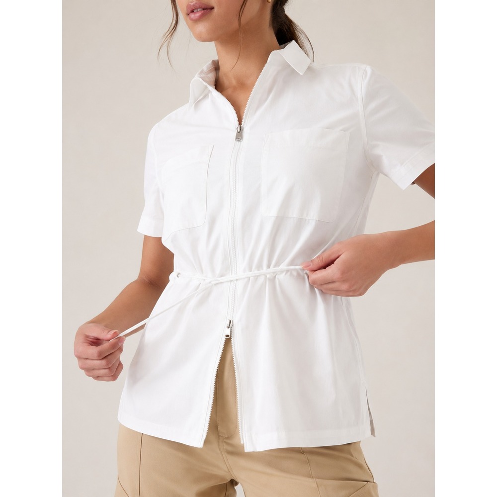 Athleta Advantage Cinch Top White Short Sleeve Full Zip Utility Shirt Small EUC - Picture 5 of 12